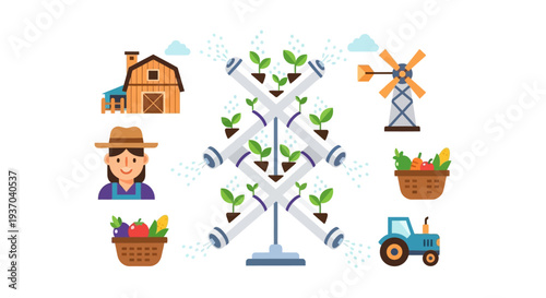 Modern Vertical Hydroponics Farm and Agricultural Icons Set. Sustainable Food Production Technology Illustration.