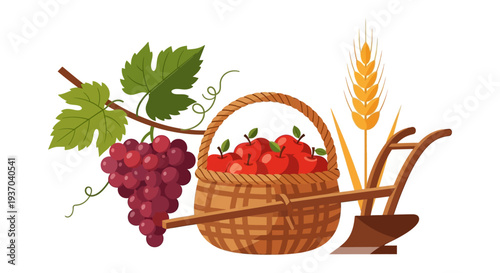 Farming and Harvest Illustration: Grapes, Apples in Basket, Wheat Stalk, and Traditional Plow Icon