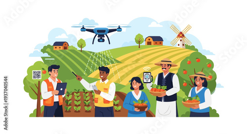 Smart Farming Technology: Farmers Team Uses Drone, Tablets, and Digital Tracking for Precision Agriculture and Modern Crop Management.