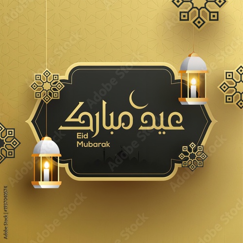 Eid Mubarak calligraphy with hanging lanterns and islamic patterns on golden background