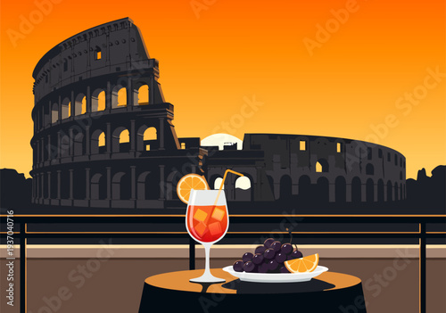 Iconic Roman Colosseum at golden sunset in a vector illustration, with a refreshing drink on a balcony, capturing an inviting Italian travel evening