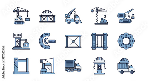 A diverse set of vector icons depicting construction machinery like cranes and trucks, along with industrial equipment and structural elements.