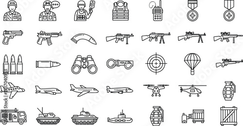 Military and army equipment line icon set with soldier, rifle, tank, helicopter, ammunition, binoculars and defense weapon symbols vector illustration