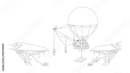 Airship Voyage: An intricately detailed line art illustration of an airship gracefully hovering amidst a mystical landscape, inviting viewers on a journey into the realms of imagination and wonder.