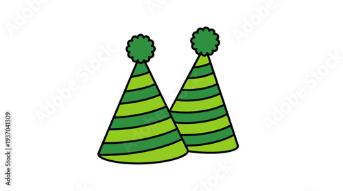 Two party hats with green stripes and pom-poms, perfect for a celebration!