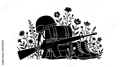 An illustration showcasing a soldier's equipment amidst flowers, symbolizing remembrance and peace. The image is a silhouette, the black and white emphasizes the significance of the theme