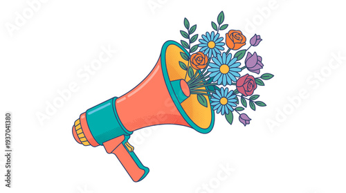 An illustration of a megaphone overflowing with colorful flowers, suggesting a message of joy and positivity