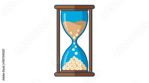 An hourglass with sand flowing through a narrow neck symbolizing time, deadline and efficiency