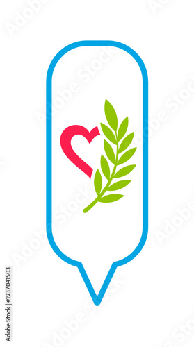 An artistic speech bubble illustration with heart symbol and olive branch. Expressing feelings of care and peace