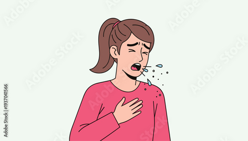 Vector illustration of person coughing with droplets expelled symbolizing illness, respiratory issues, and airborne particle spread