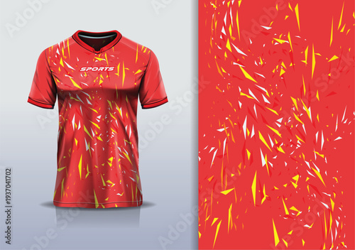 T-shirt mockup abstract texture grunge sport jersey design for football, soccer, racing, esports, running, red yellow orange color