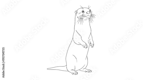 Otter Sketch: Delicate black line drawing of a charming otter stands upright, head tilted, displaying curiosity, the focus on detail and playful pose invites the viewer into its world.