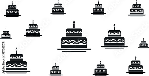Birthday cake icon set with candle, celebration dessert symbols collection, party cake silhouettes for anniversary, holiday and festive event vector illustration