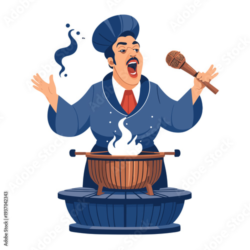 Chef singing joyfully while cooking in a cozy kitchen
