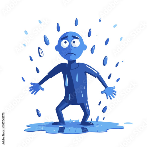Sad blue cartoon character standing in rain puddle with water drops