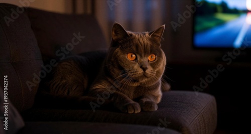 Cozy Cat on the Couch at Night