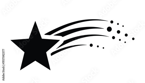 Decorative vector of stylized black shooting star with trailing arcs and dots representing speed, motion, and cosmic inspiration