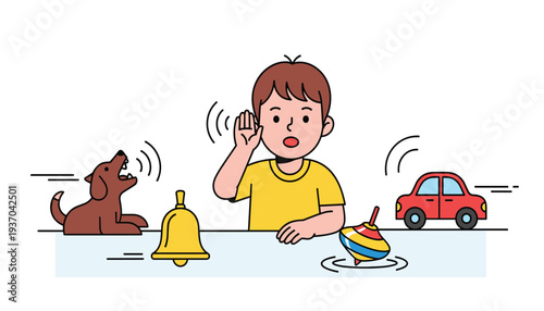 Cartoon illustration of child listening to sounds from barking dog, ringing bell, spinning top, and toy car for education