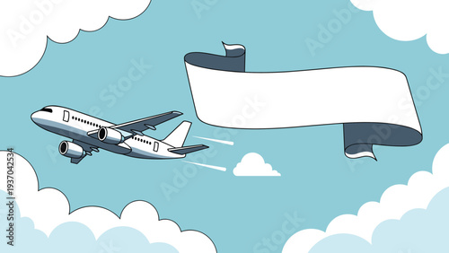 Commercial airplane flying through fluffy white clouds in a blue sky while towing a large blank advertising banner behind.