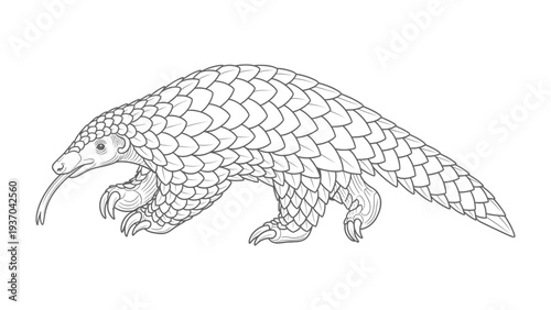 Pangolin Portrait: An illustration showcasing a pangolin, a unique mammal known for its protective scales and distinct appearance, depicted in a detailed artistic rendering.