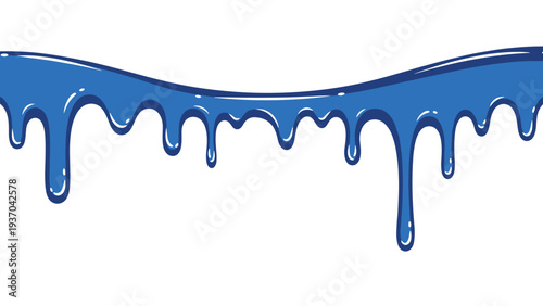 Blue liquid or paint dripping downwards in varied droplet shapes and lengths from a horizontal top edge on white.