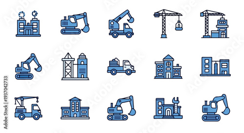 A collection of 15 blue-themed line art icons featuring construction machinery, industrial buildings, and various urban structures.
