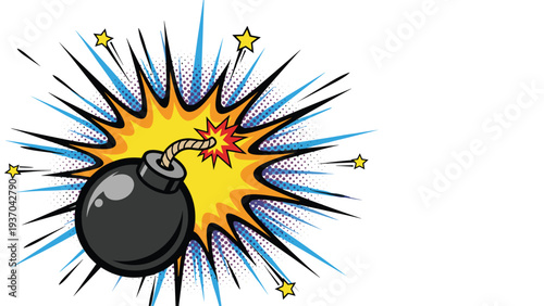 Retro comic book style black bomb exploding with a bright burst of yellow and orange stars on a white background.