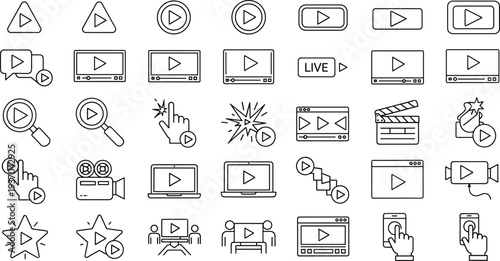 Video player and media streaming line icon set with play button, live stream, video camera, clapperboard and multimedia controls vector illustration