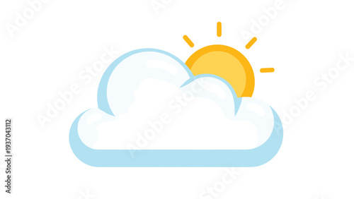 Stylized illustration of a bright yellow sun partially hidden behind a large fluffy white and blue cloud on white.