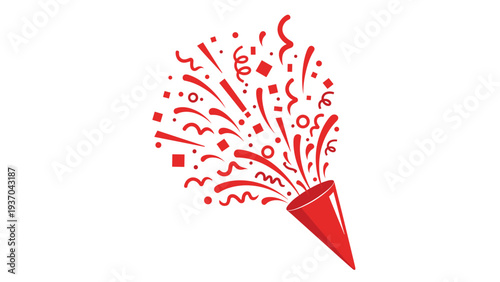Celebration party popper with vibrant red confetti and streamers exploding into the air captures a festive moment of joy and excitement.