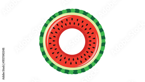 Fun inflatable swim ring designed like a slice of watermelon with a green rind and red center is perfect for summer water activities.