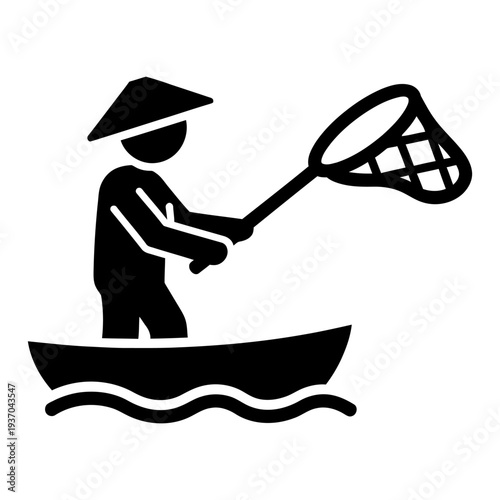 Fisherman with conical hat fishing with a net from a boat on water black silhouette icon
