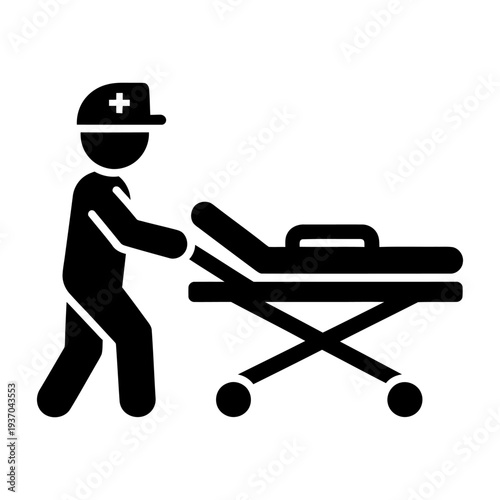 Paramedic pushing a medical stretcher icon for emergency healthcare services black silhouette vector