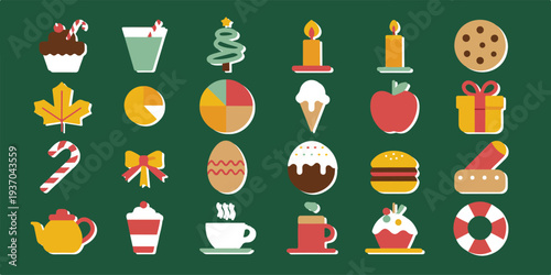 Minimalist hand drawn line art vector icon set featuring various holiday food and seasonal celebration symbols for graphic design.