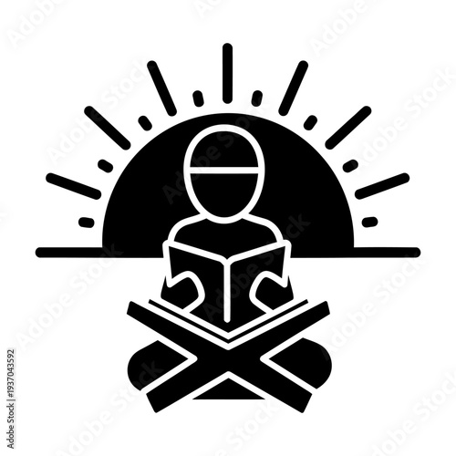Muslim student reading holy book on rehal stand with sun rays background black and white icon