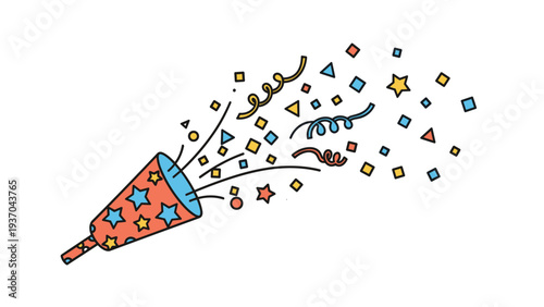 Star-patterned party popper exploding with various colorful confetti shapes and streamers is perfect for birthdays and holiday celebrations.