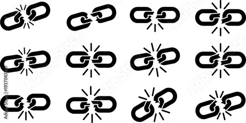 Broken Chain Link Icon Set with Disconnect, Unlink, and Separation Symbols for Security, Freedom, Privacy, and Network Connection Concepts