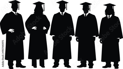 Silhouette of graduates in caps and gowns, academic ceremony illustration, education achievement icon, black vector design, celebration element