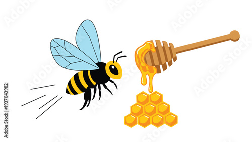 Busy honey bee flying toward a wooden honey dipper and a stack of golden honeycombs, representing natural sweetness.