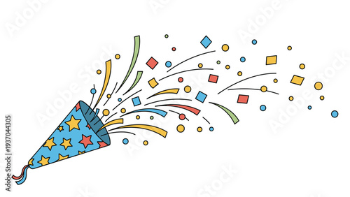 Star-themed party popper illustration with blue and yellow confetti and long streamers for a joyous occasion.