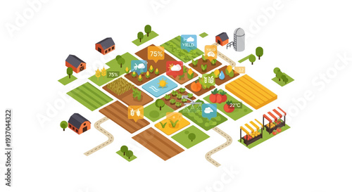 Isometric Smart Farming Concept: Digital Agriculture Management, Data Monitoring, Precision Yield Technology
