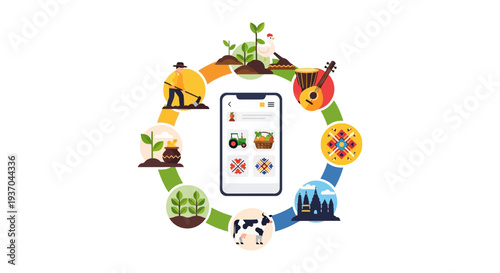 Digital Agriculture and Rural Economy App. Smartphone UI connecting farming, livestock, folk traditions, culture, and growth cycle.
