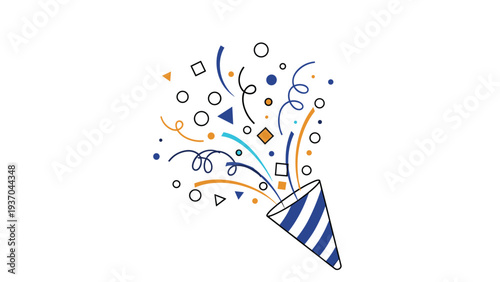 Blue and white striped celebration popper emitting a burst of colorful confetti, circles, and wavy streamers.