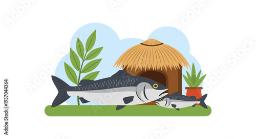 Stylized Tropical Fish Family Illustration. Flat vector design of marine life next to a traditional thatched hut in a coastal or village environment.