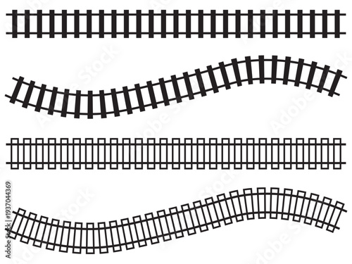 Straight and curved railway track icon set, railroad rail variations, transport line vector collection