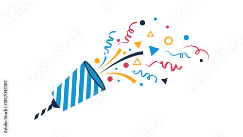 Dynamic party popper with blue stripes and colorful confetti shapes, ideal for birthday cards and festive decor.