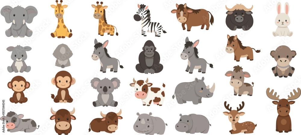 Fototapeta premium Cute safari and farm animals cartoon vector set with elephant, giraffe, zebra, cow, donkey, monkey, rhino, moose and rabbit characters for kids nursery design and educational illustrations
