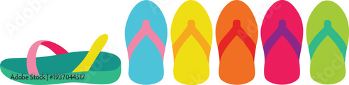 Collection of colorful summer sandals lined up in a row, featuring different styles