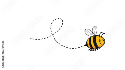 Cute bumblebee flying in the air with a dashed trail line showing its path on a clean white background for nature design.