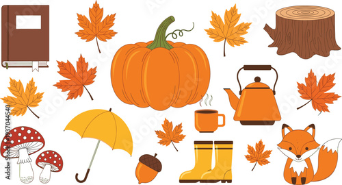 Autumn fall season vector set with pumpkin, maple leaves, fox, mushrooms, teapot, umbrella and rubber boots, cozy autumn elements collection for seasonal design, thanksgiving and harvest themes